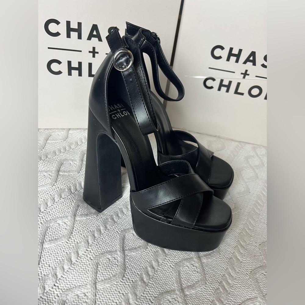 Chase + Chloe Black Strappy Adjustable Platform Heels Various Sizes - Picture 13 of 14